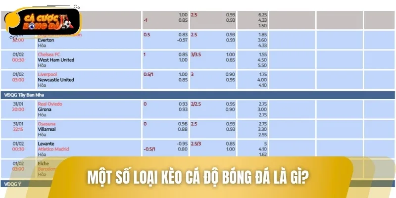 Các loại tỷ lệ kèo phổ biến được hiển thị trên bảng điện tử